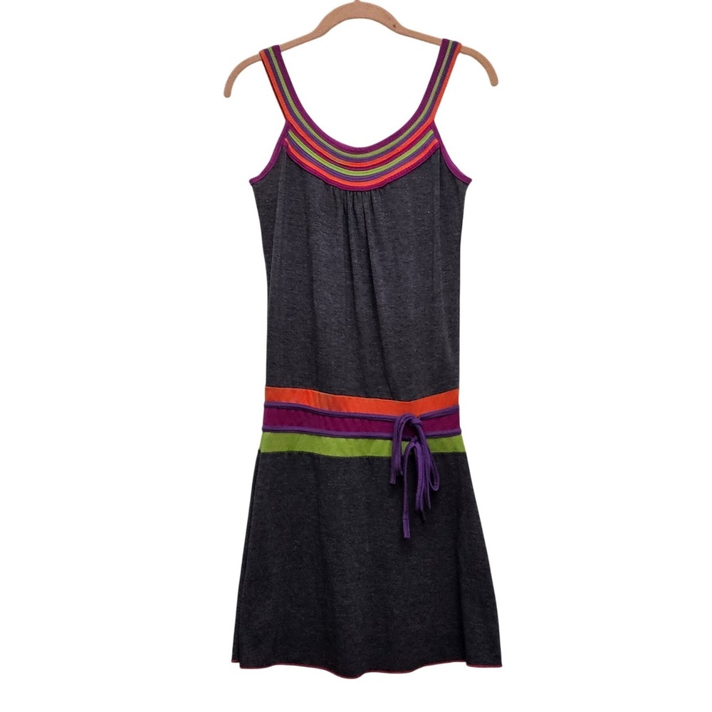 Baba Design Mini Dress Women S/M Grey Multi Color Boho Striped Drop Waist Jersey